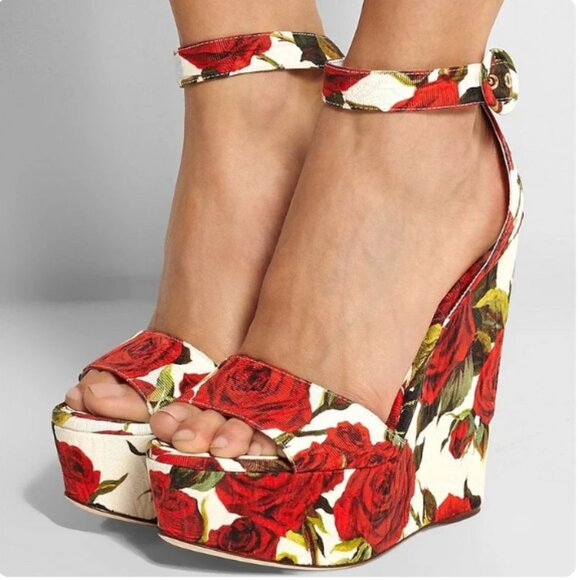 FSJ Red Rose Floral Heels Ankle Strap Platform Wedge Sandals - Picture 1 of 8